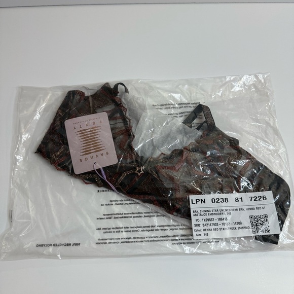 New Savage x Fenty Shining Star Embroidered Unlined Henna Red Star Demi Bra - Picture 6 of 7